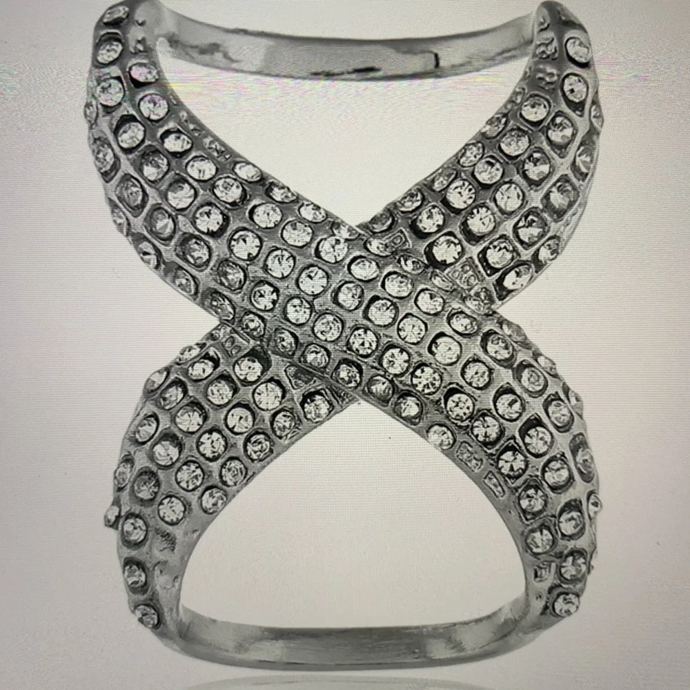 RHINESTONE  SCARF DOUBLE RING SILVER - Picture 2 of 4